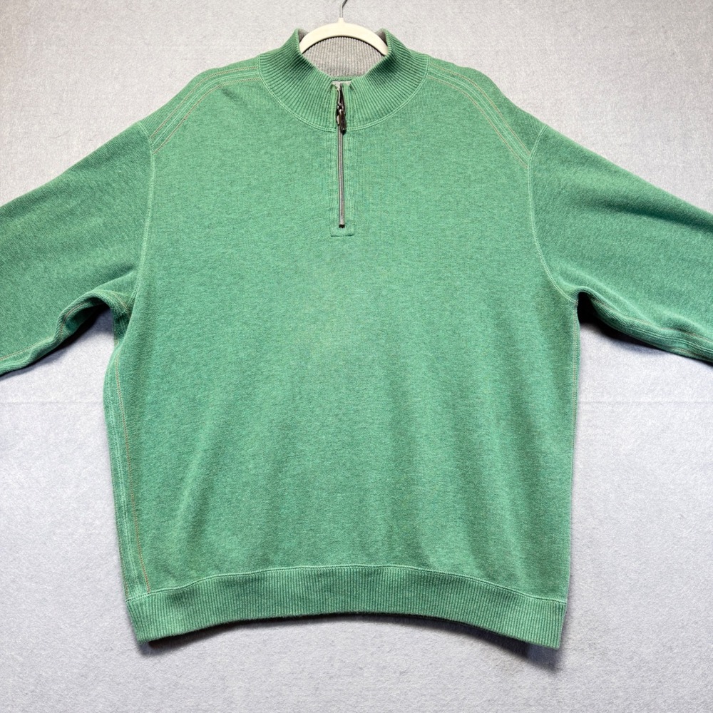 Tommy Bahama Mens Quarter Zip Pullover Sweater Heather Green Mock‎ Neck XL